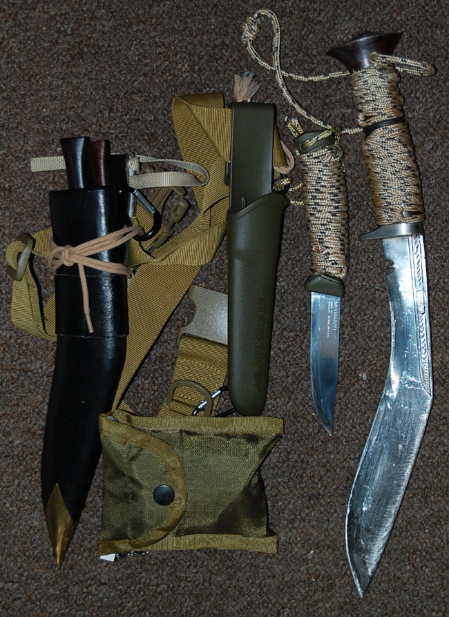 Kukri, Mora Companion and Fire Kit.